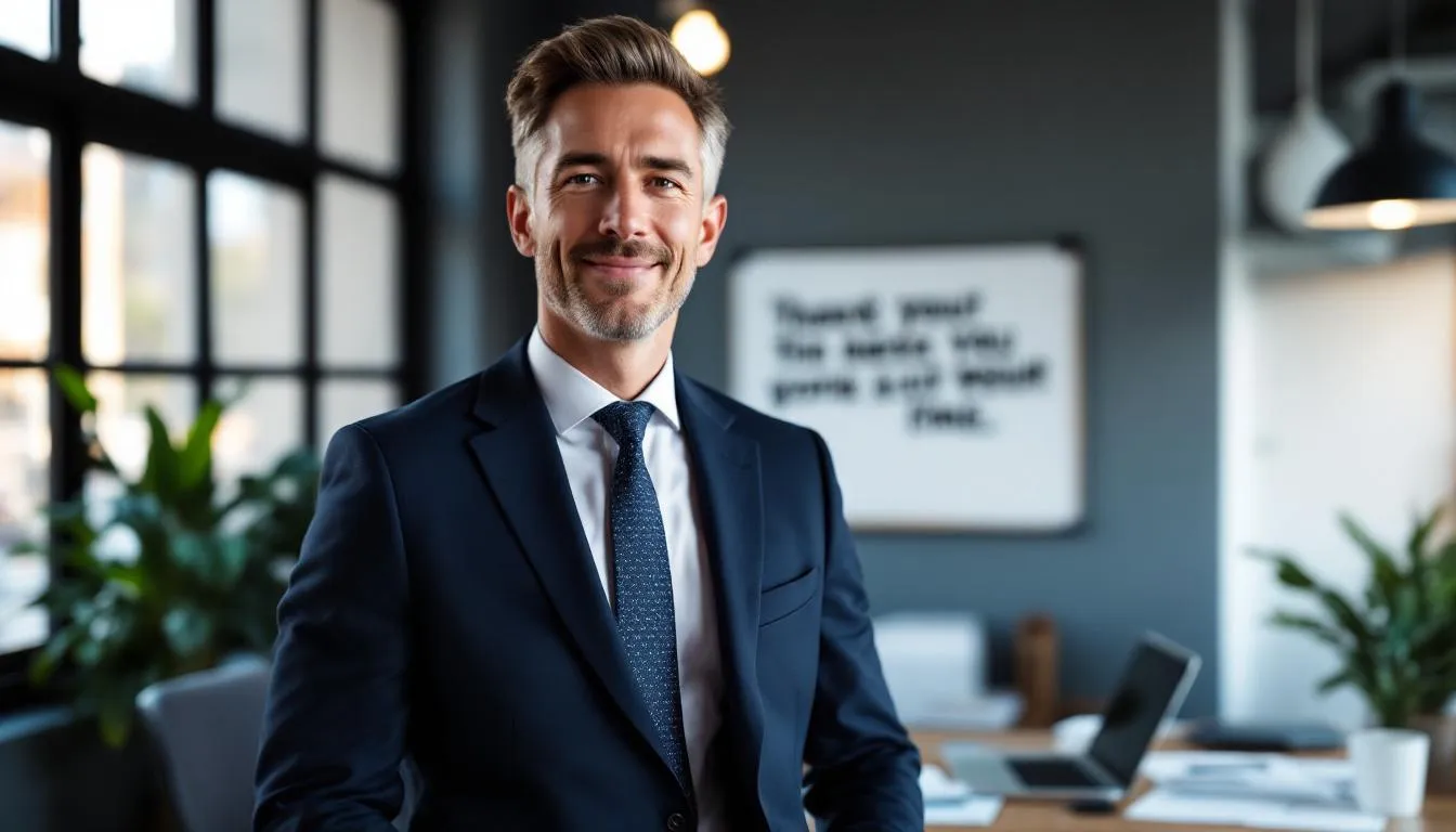 The image depicts a confident small business owner smiling, celebrating the successful completion of the financing process that will provide quick access to working capital. This achievement is crucial for fueling growth and enhancing cash flow, showcasing the benefits of services that assist business clients in receiving money. l.