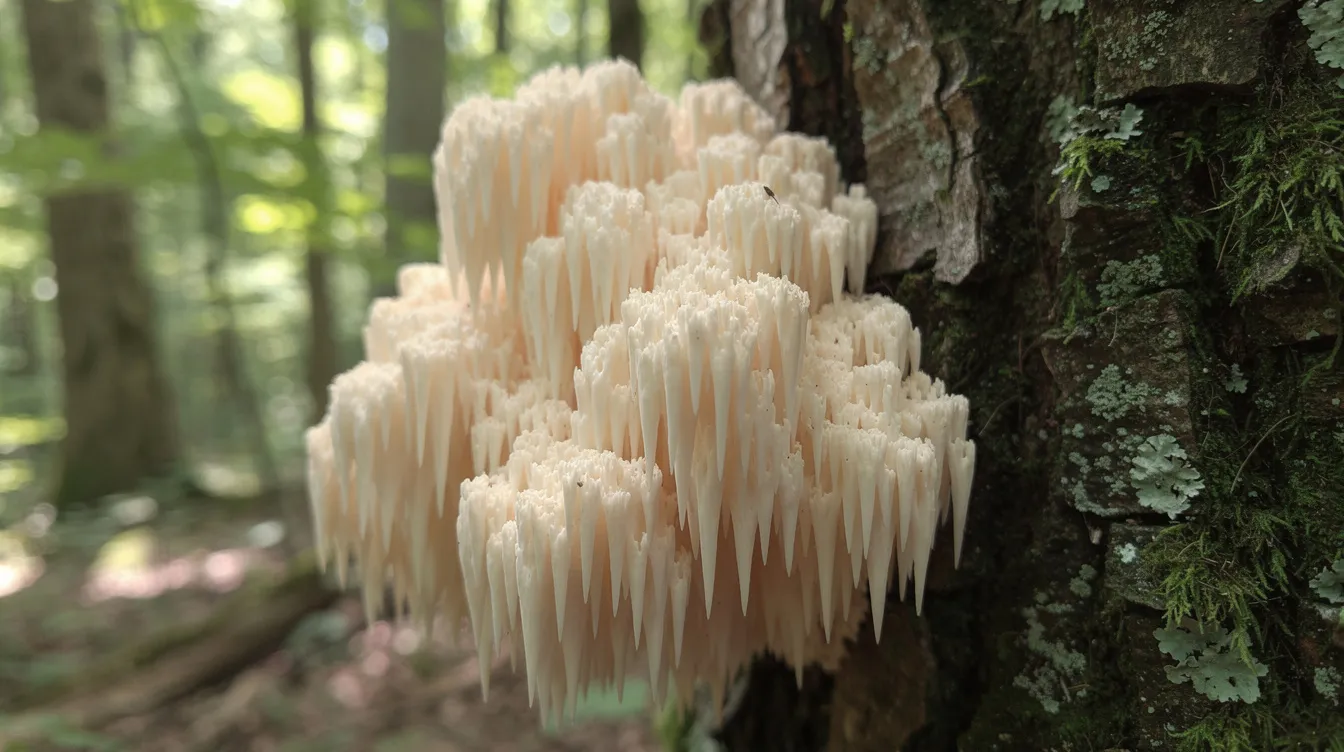 A close-up photograph showcases a lion's mane mushroom growing on a hardwood tree in a lush forest, highlighting its unique, fluffy appearance. This medicinal mushroom is known for its potential cognitive benefits, making it a popular choice for those seeking to improve brain health and mental clarity.