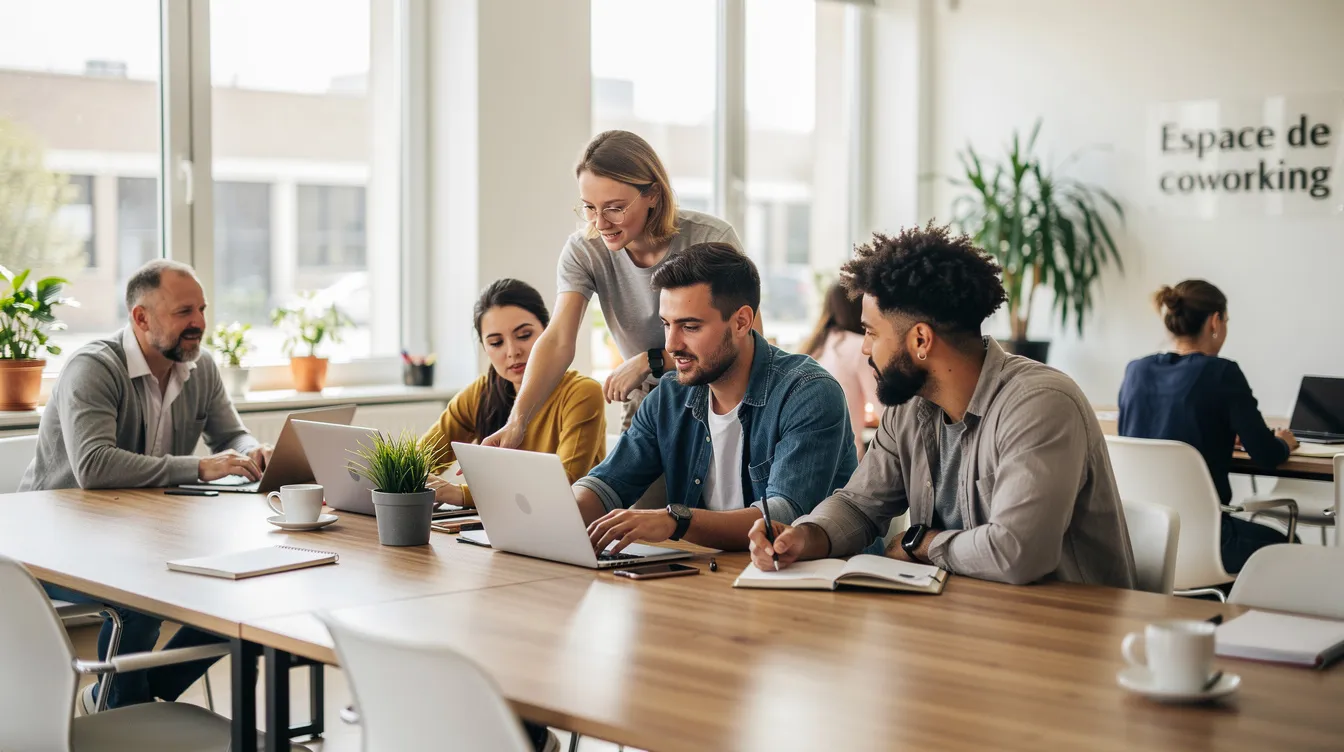 Une équipe de collaborateurs travaille ensemble dans un espace de coworking moderne et lumineux, illustrant la culture de collaboration et de développement personnel au sein de l'entreprise. Cet environnement favorise l'intelligence collective et la cohésion, essentiels pour atteindre des résultats significatifs.