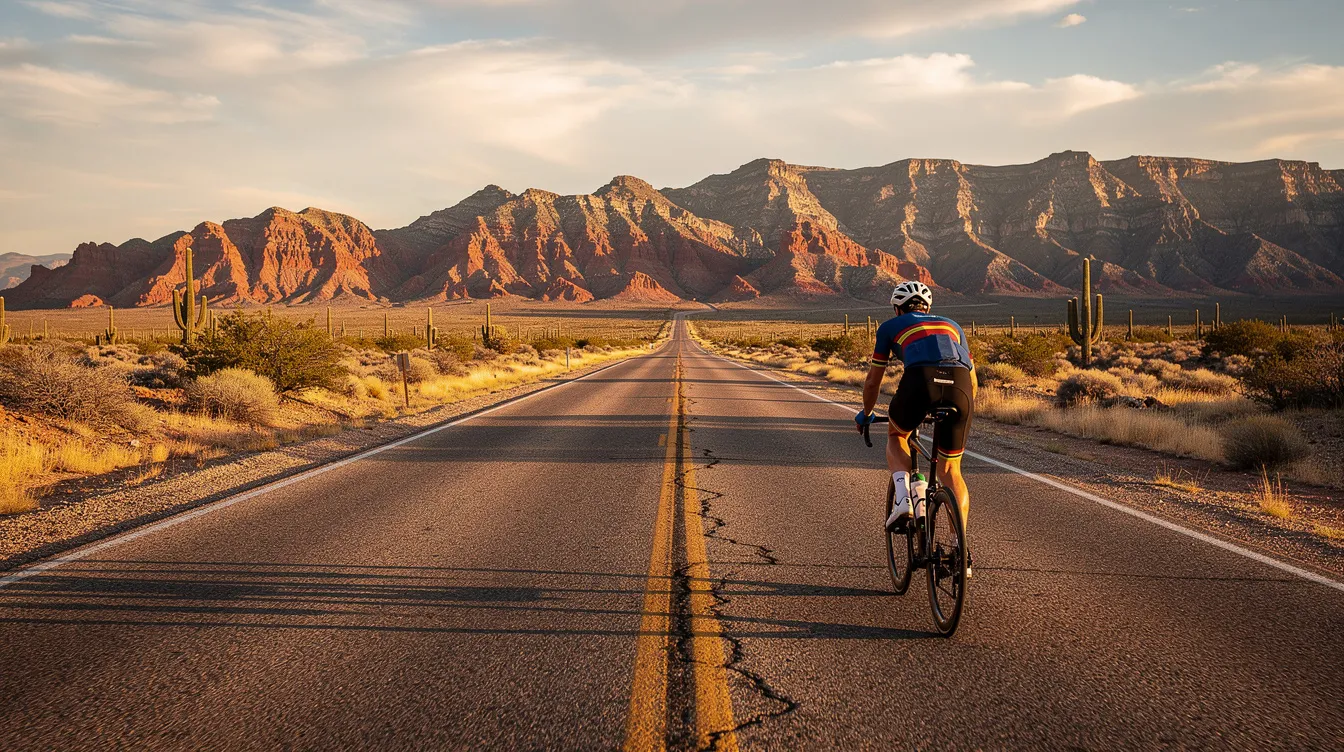 A cyclist is riding along a scenic desert highway in New Mexico, with majestic mountains in the background. This image highlights the beauty of outdoor biking, while also reminding viewers of the importance of bicycle safety to prevent accidents that can lead to serious injuries or require the expertise of a skilled bicycle accident lawyer.