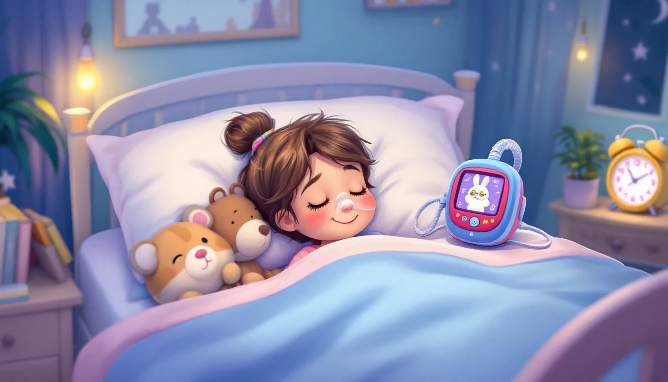 An illustration of a child using a CPAP machine for sleep apnea treatment.