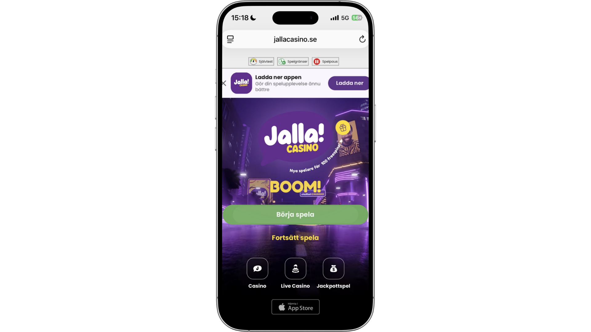 Jalla Casinos startsida imobilversion med spelutbud och kampanjer.