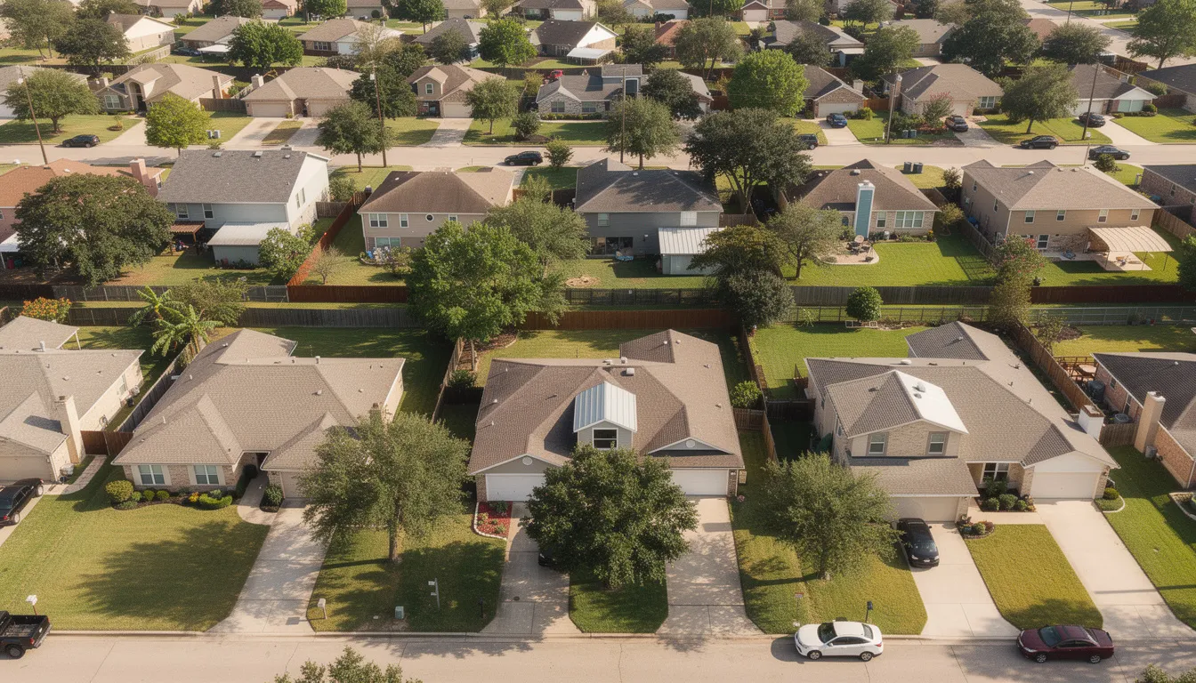 An aerial view of a Houston residential neighborhood showcases a cluster of homes surrounded by lush trees, highlighting the community's charm. This serene scene contrasts with the potential risks of water damage from issues like burst pipes or appliance leaks that can lead to mold growth and structural damage if not addressed promptly.