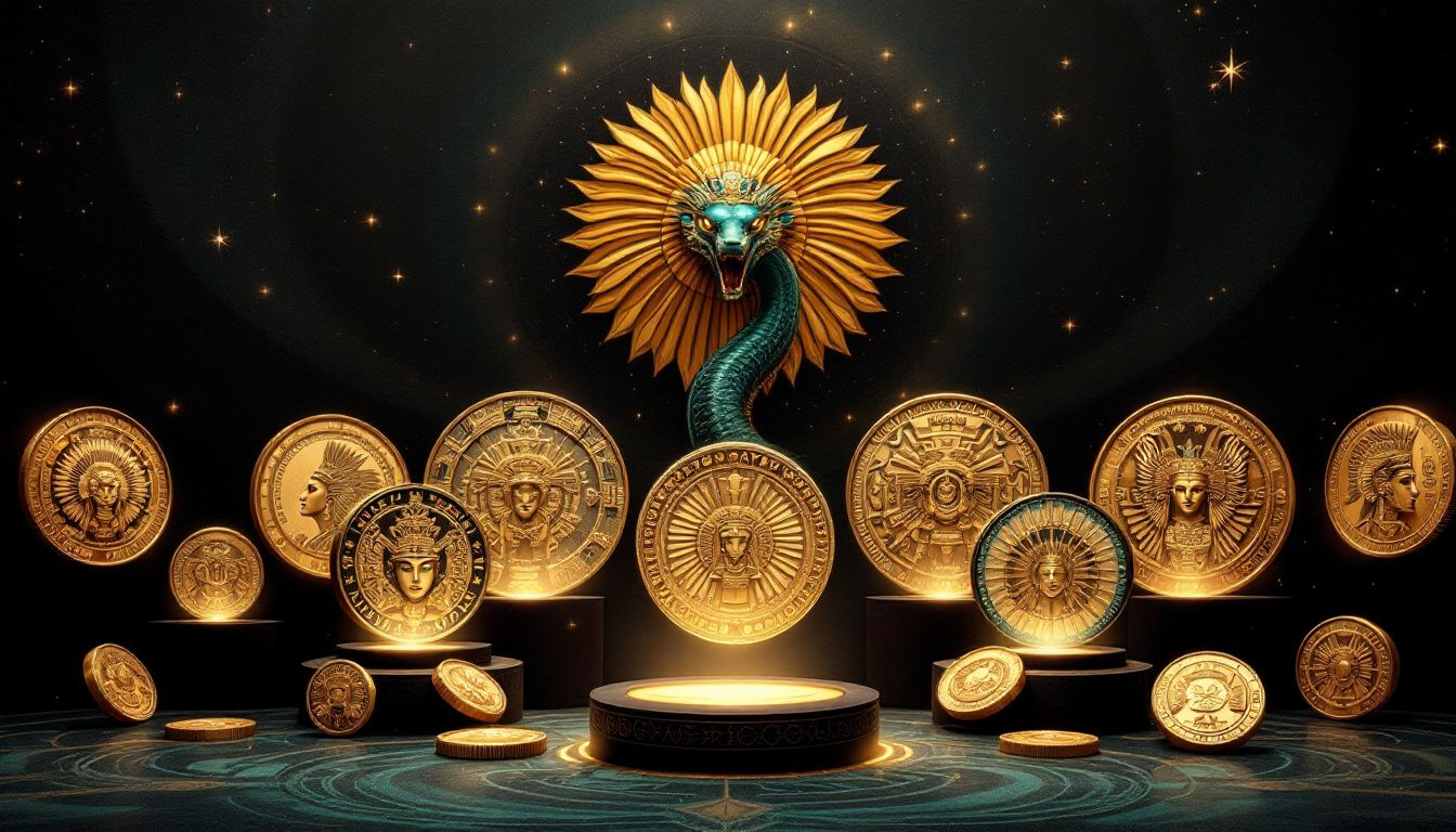 A display of commemorative Mexican gold coins, highlighting their artistic elements and historical context.