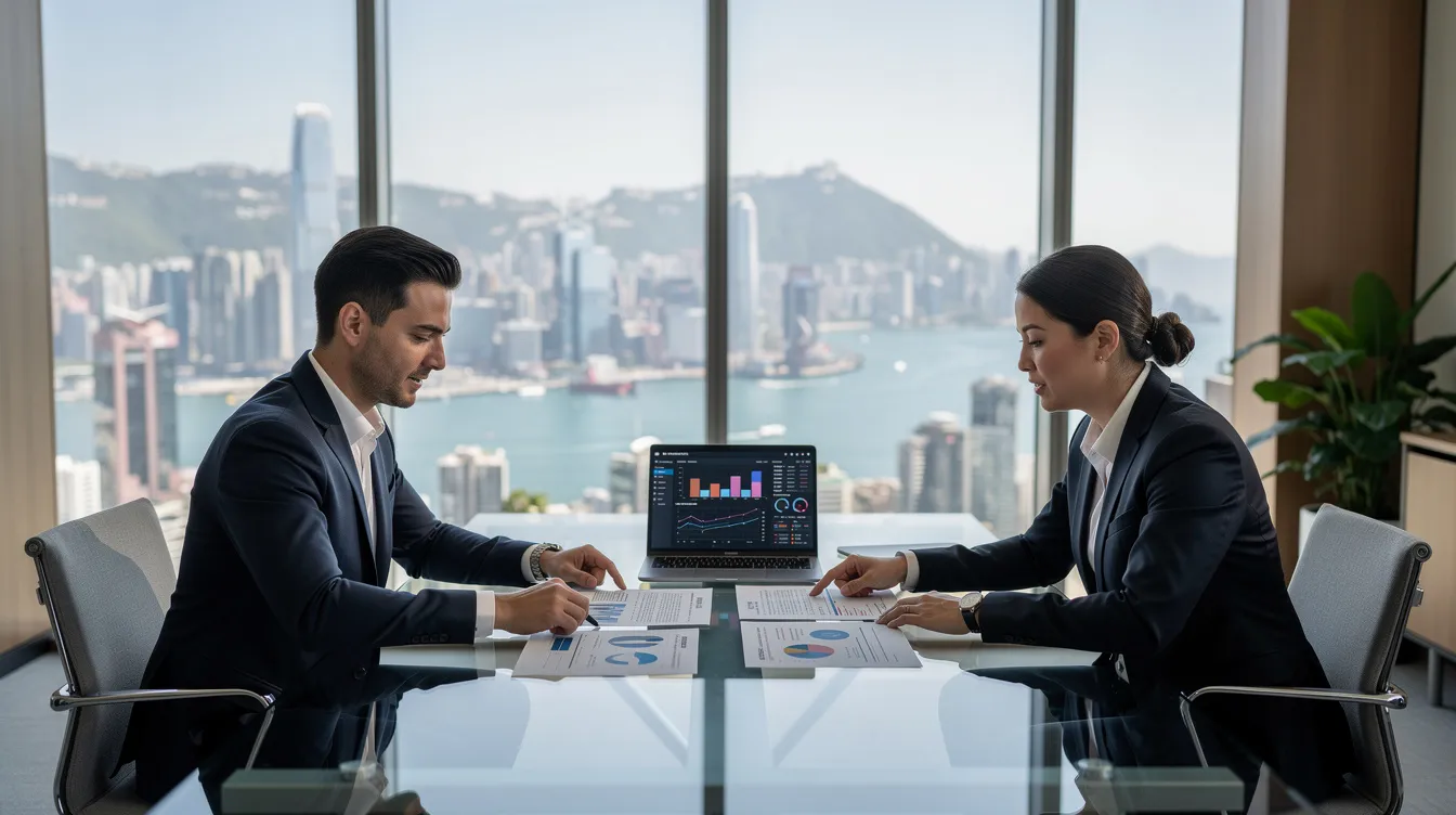 A professional advisor is seated at a sleek conference table in a modern Hong Kong office, engaging with a client over various financial documents. They are discussing options for debt restructuring, including individual voluntary arrangements and repayment plans to resolve debt issues effectively.
