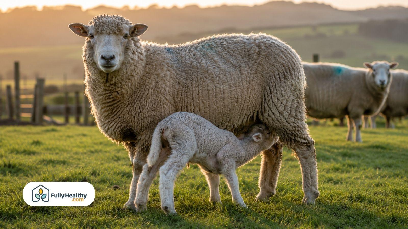 Newborn lamb nursing from ewe in green pasture at sunrise