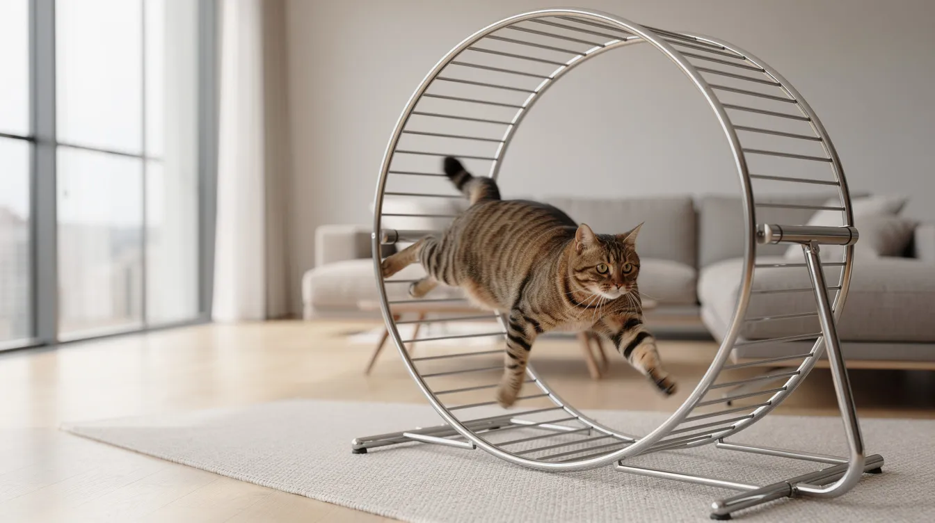 A tabby cat is sprinting at full speed inside a large circular exercise wheel, also known as a cat running wheel, set in a modern living room that features stylish furniture. This energetic scene highlights the cat's playful nature and the benefits of indoor exercise for high-energy indoor cats.