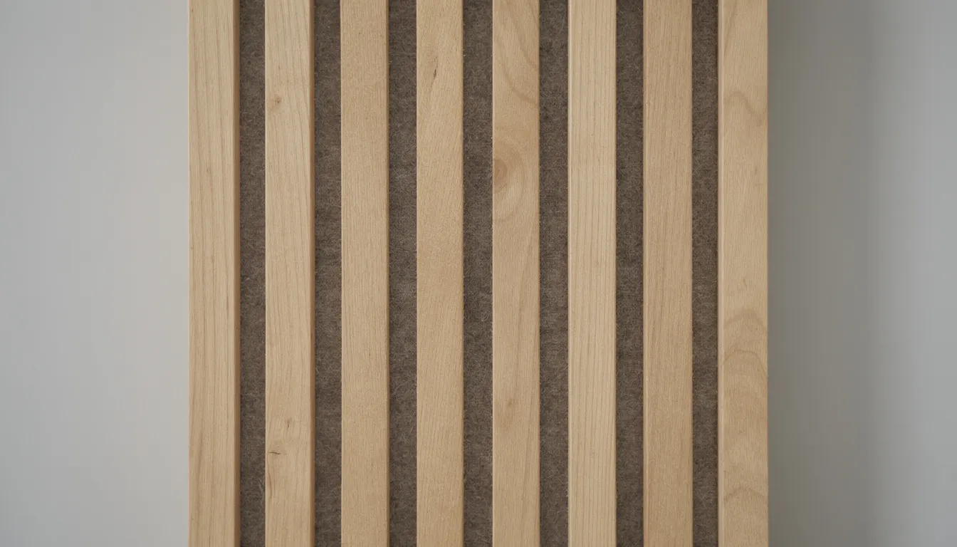 Close-up van een akoestische lattenwand met een zichtbare viltlaag in een neutrale kleur, die een stijlvolle en luxe uitstraling biedt. Deze wandpanelen zijn perfect voor het creëren van een warme sfeer in elke ruimte, zoals de woonkamer.
