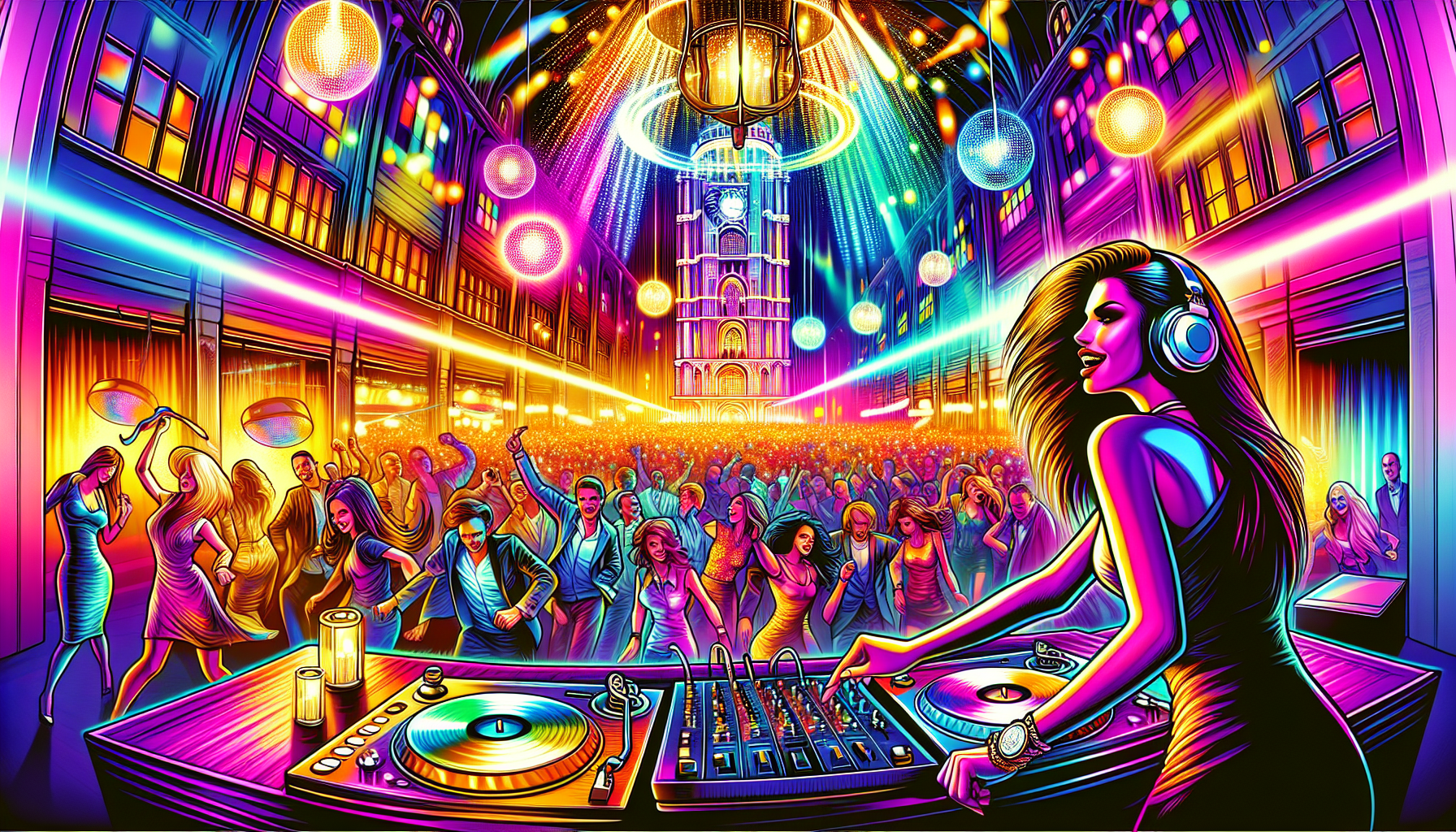 A vibrant nightclub scene in Gdansk showcasing people dancing on the dance floor.