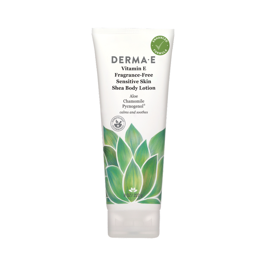 White and green bottle of DERMA E's Vitamin E Fragrance-Free Sensitive Skin Shea Body Lotion 