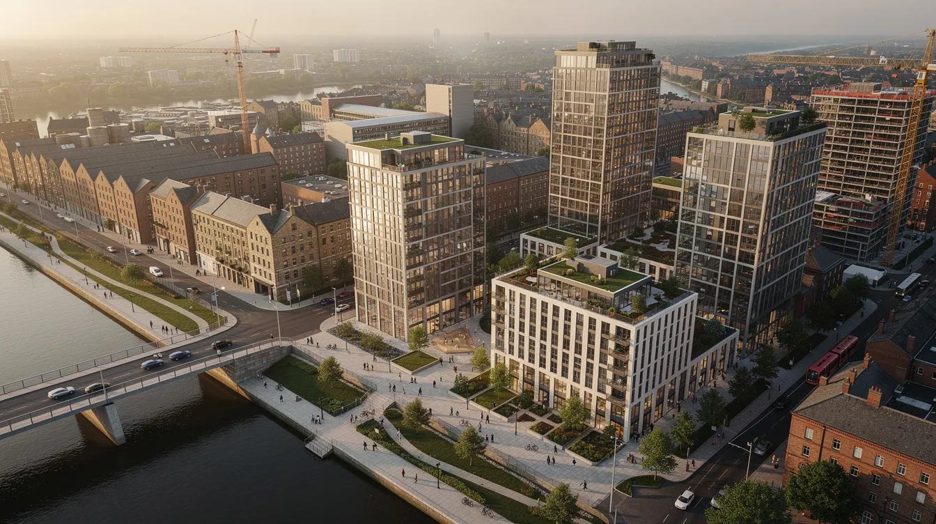 An aerial view showcases a city regeneration area featuring a mix of modern residential towers and older buildings alongside a river, highlighting the evolving rental market with build to rent properties and affordable private rent homes. This vibrant urban landscape reflects the integration of communal spaces and local amenities, catering to young professionals and the local community.