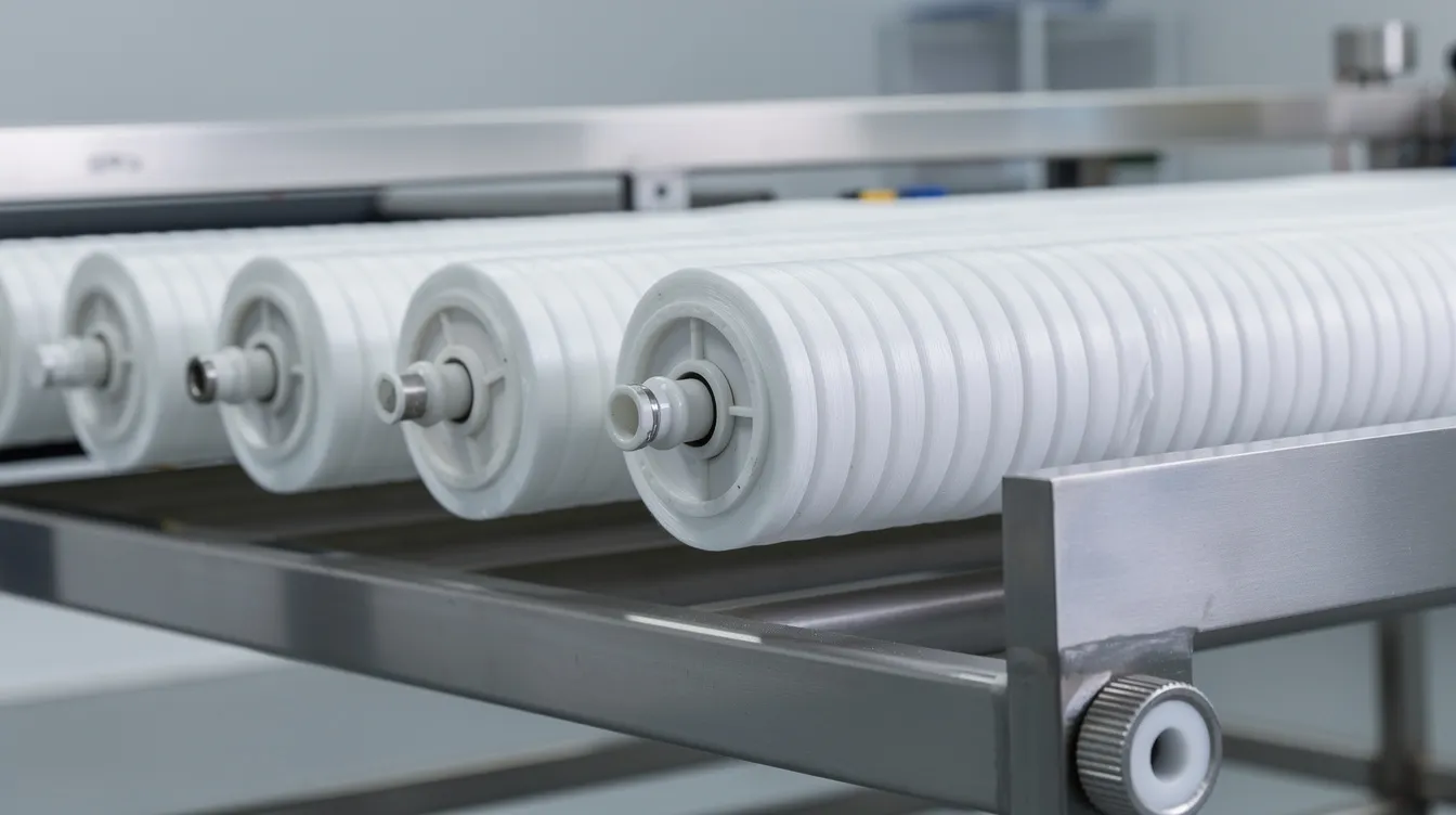 The image features a close-up view of spiral wound membrane modules neatly arranged on a stainless steel rack, showcasing the advanced membrane filtration technology used in whey processing. These modules are essential for separating whey protein fractions in the dairy industry, enhancing the efficiency of whey protein concentration and other dairy processing applications.
