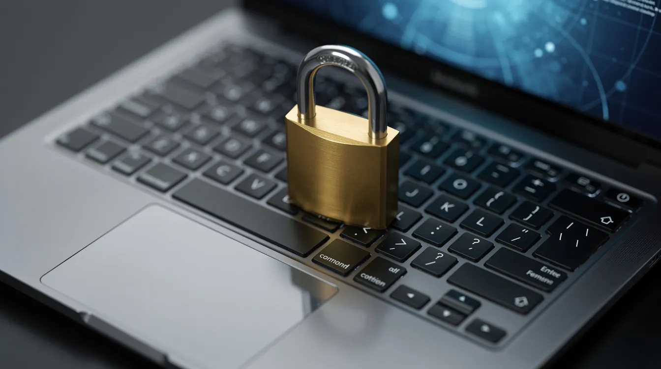 A golden padlock is positioned on a laptop keyboard, representing online security and data protection. This image symbolizes the importance of safeguarding personal information, especially when applying for online loans and financial services.
