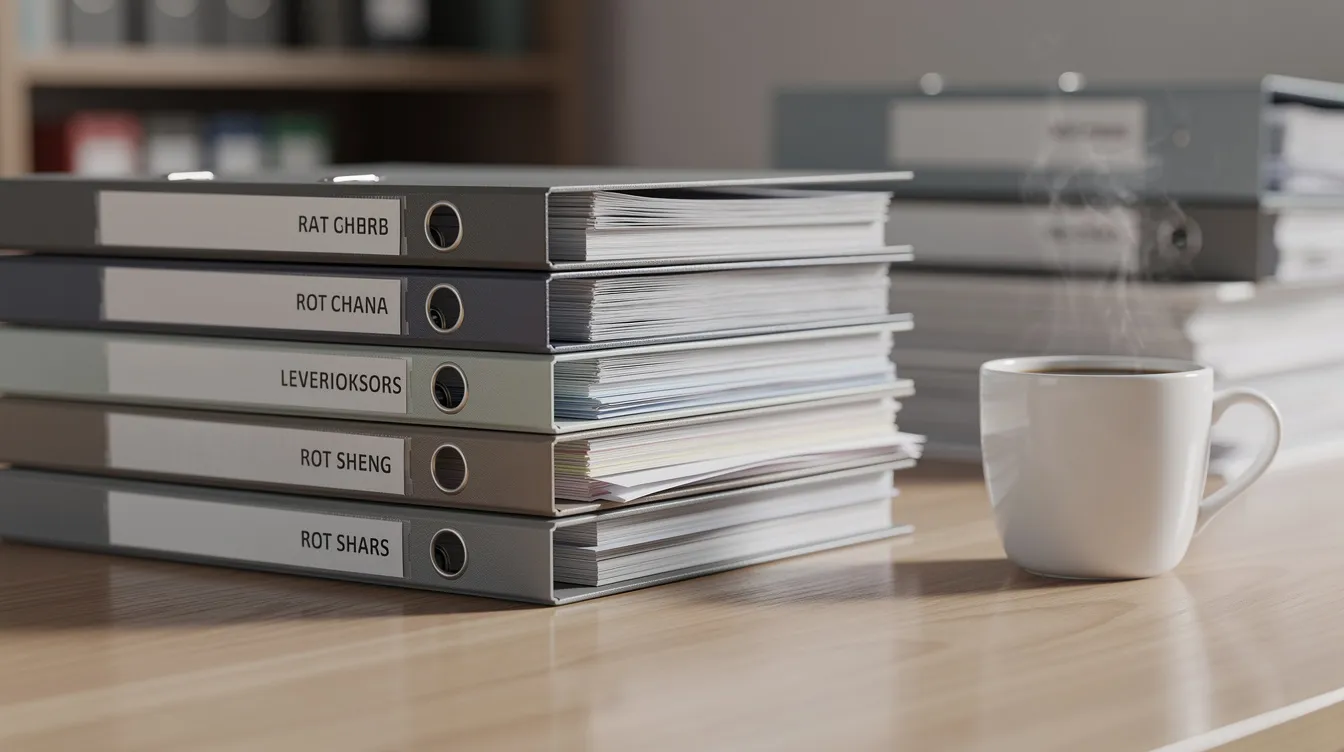 Auf einem Schreibtisch sind ordentlich gestapelte Aktenordner und Dokumente zu sehen, neben einer Tasse Kaffee. Diese Unterlagen könnten Informationen zum Thema "Wohngeld beantragen" enthalten, wie etwa Anträge, Voraussetzungen und Hinweise zur Wohngeldstelle in Nordrhein-Westfalen.