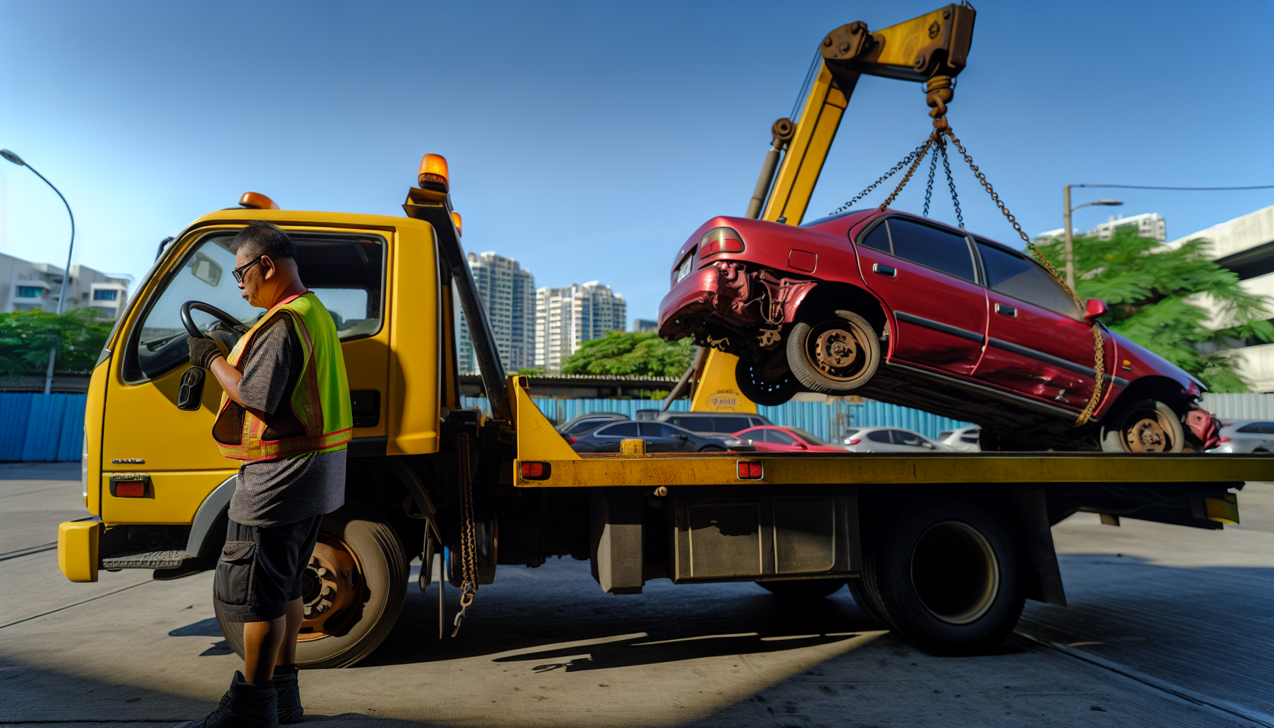 A tow truck picking up a damaged vehicle for free towing
