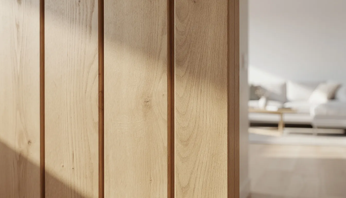 Close-up van houten wandpanelen met zichtbare eiken nerven in een lichte woonruimte, die een warme sfeer en natuurlijke uitstraling creëren. Deze stijlvolle upgrade voegt een luxe en moderne uitstraling toe aan de ruimte, perfect voor akoestische toepassingen.