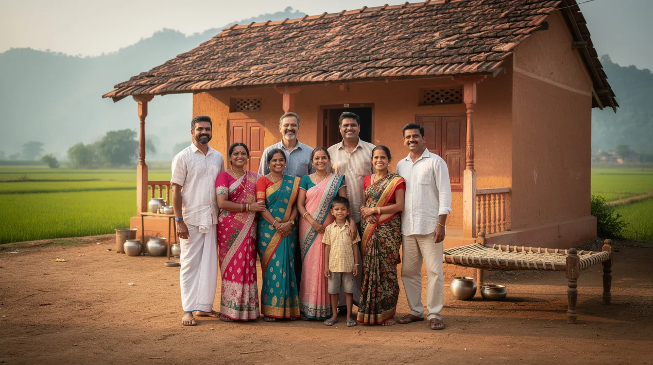A joyful family stands together outside a traditional house in a rural Indian setting, with majestic mountains in the background. They are smiling, embodying a sense of community and happiness, reminiscent of the warmth often found in local bank branches that serve as vital financial hubs in India.