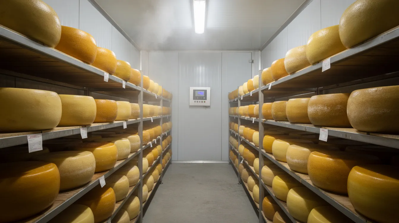 42271e36 5a27 4628 8040 915939bf7814 The image depicts an industrial cold storage room filled with shelves of cheese wheels aging under controlled temperatures, showcasing the meticulous cheese manufacturing process essential for producing high-quality dairy products. This environment is crucial for maintaining the optimal conditions required for cheese production, ensuring that the final product meets market demand and industry standards.
