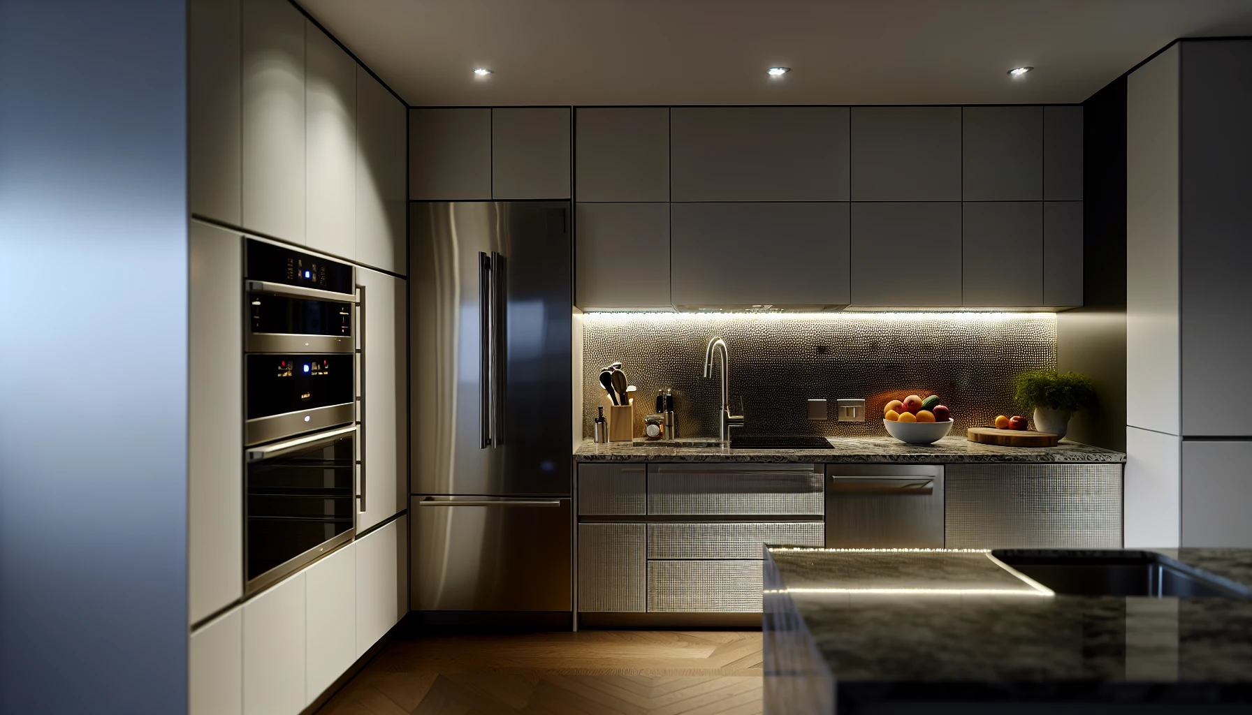 A modern kitchen with under cabinet lighting