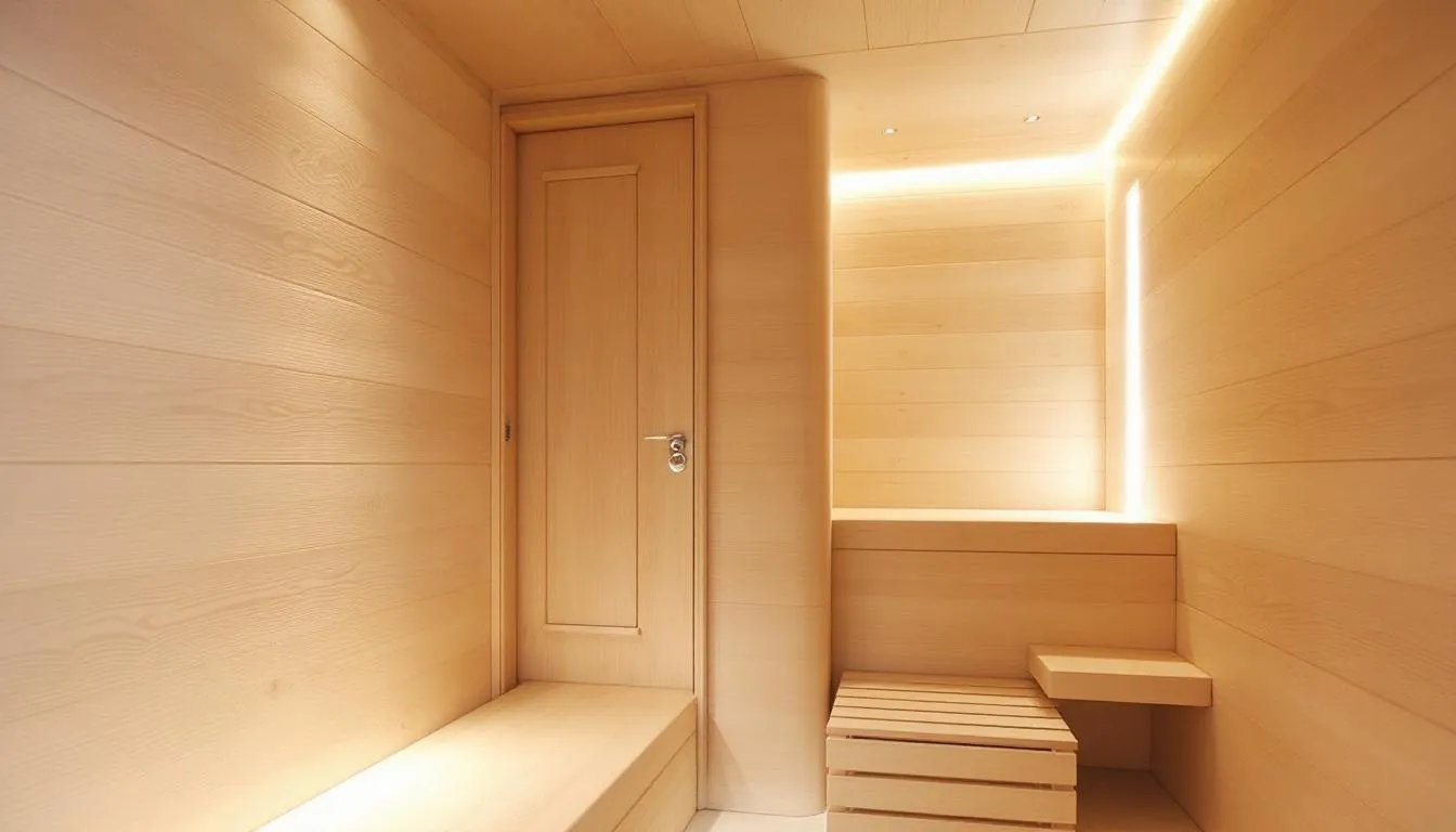 A cozy two person sauna designed for compact homes.