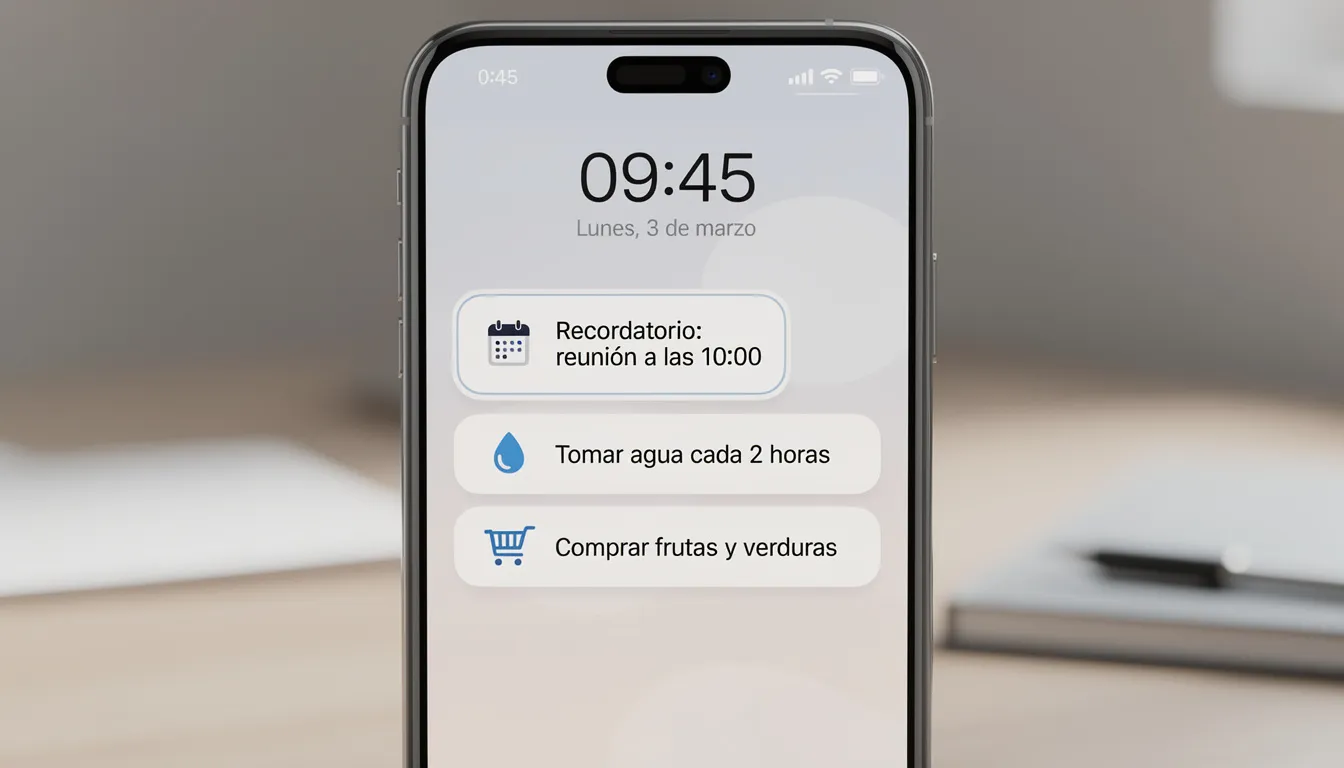 La imagen muestra la pantalla de un smartphone con notificaciones inteligentes de recordatorios, donde se visualizan tareas y citas organizadas por un sistema de inteligencia artificial. Esta aplicación permite al usuario gestionar su calendario y recibir alertas sobre eventos importantes, mejorando así su productividad y organización diaria.