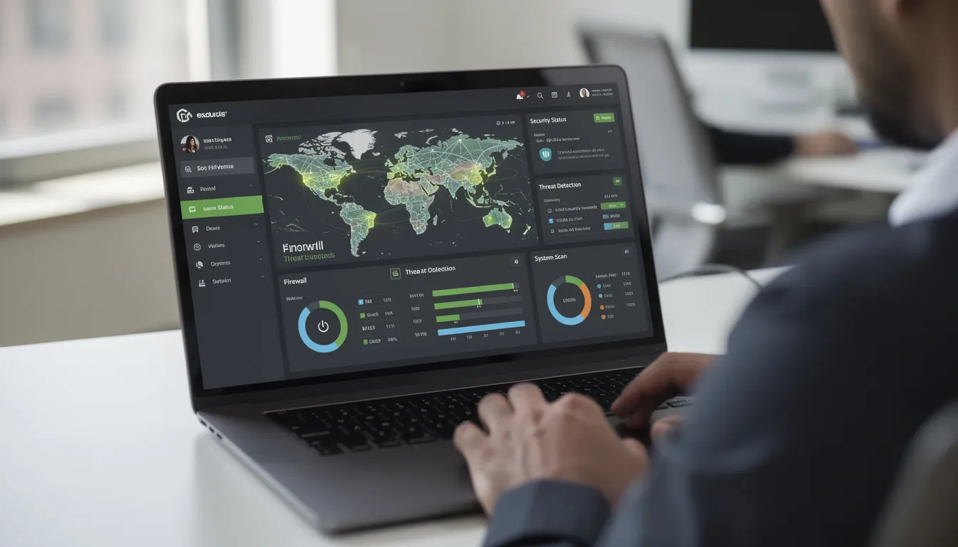 A person is sitting at a desk, intently using a laptop with the interface of anti spyware software visible on the screen, which helps to protect against malicious software and spyware programs that can threaten sensitive data and system performance. The scene emphasizes the importance of cybersecurity tools in preventing data theft and identity fraud.