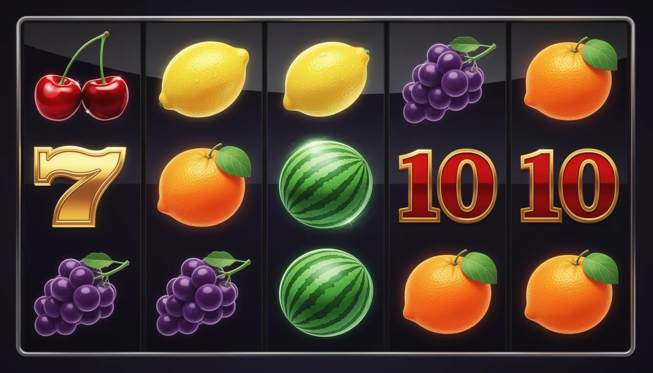 En färgglad samling av spelautomatsymboler med olika frukter och siffror, som representerar spännande spelupplevelser hos LeoVegas. Dessa symboler är en del av det breda utbudet av online casino och slots som finns tillgängliga dygnet runt för spelare som vill spela ansvarsfullt.