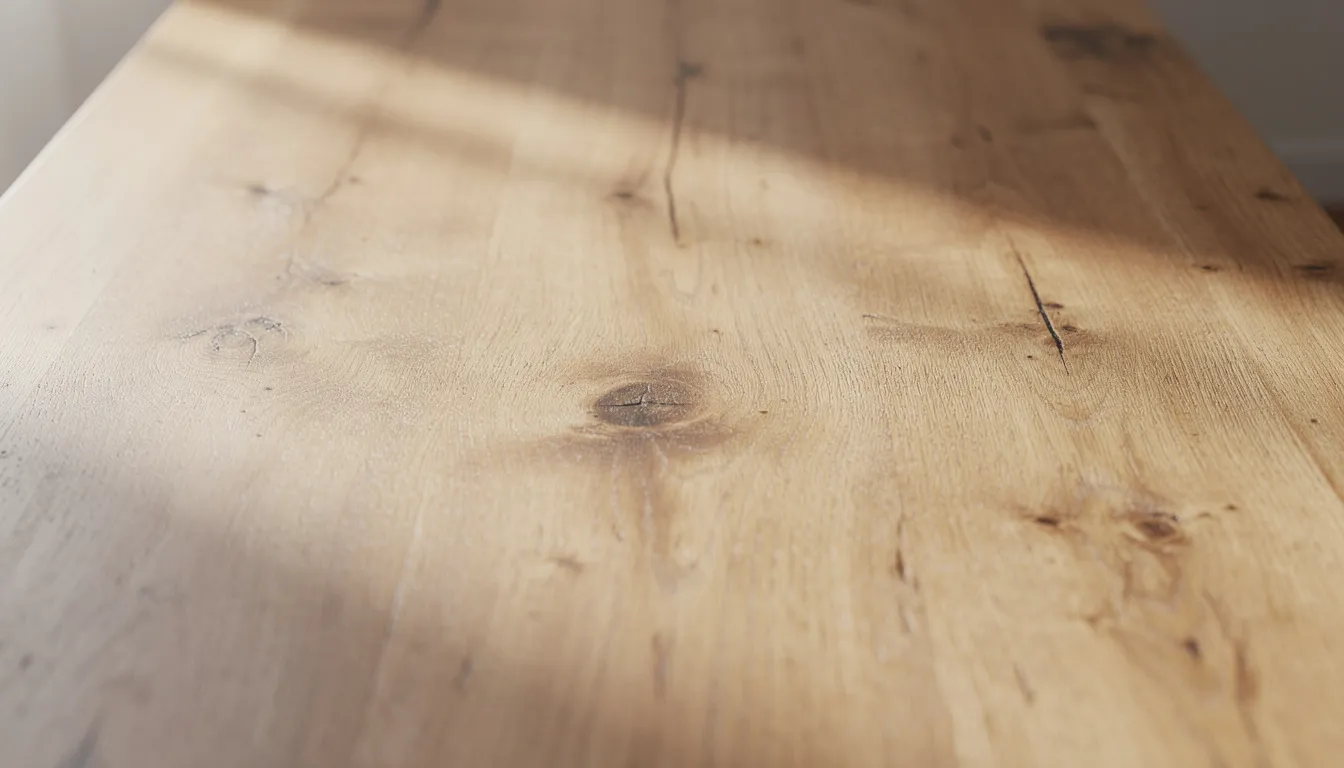 A close-up view of a natural oak dining table surface reveals its intricate wood grain texture illuminated by soft morning light, showcasing the elegance and durability of this solid wood frame dining furniture. The warm tones and details of the wood create a welcoming atmosphere for family meals or gatherings with friends in the dining area.