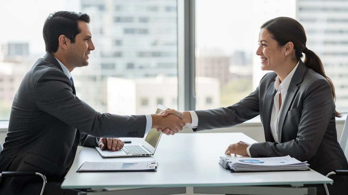 The image depicts a professional office setting where a person is shaking hands across a desk, symbolizing a successful partnership, possibly related to financial assistance or a loan agreement. This scene could represent the interaction between a borrower and a lender, such as a bank or financial institution, discussing options for mudra loans or other funding opportunities for micro enterprises.