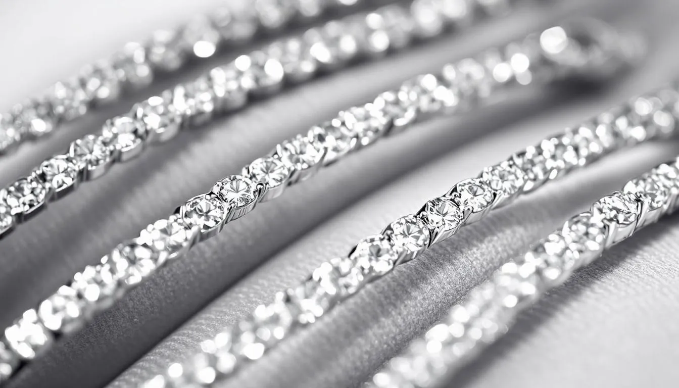 The image showcases a collection of elegant silver tennis bracelets, featuring both classic designs and modern styles, perfect for everyday wear or special occasions. The bracelets are adorned with sparkling cubic zirconia and Swarovski crystals, offering a timeless beauty that enhances any outfit.