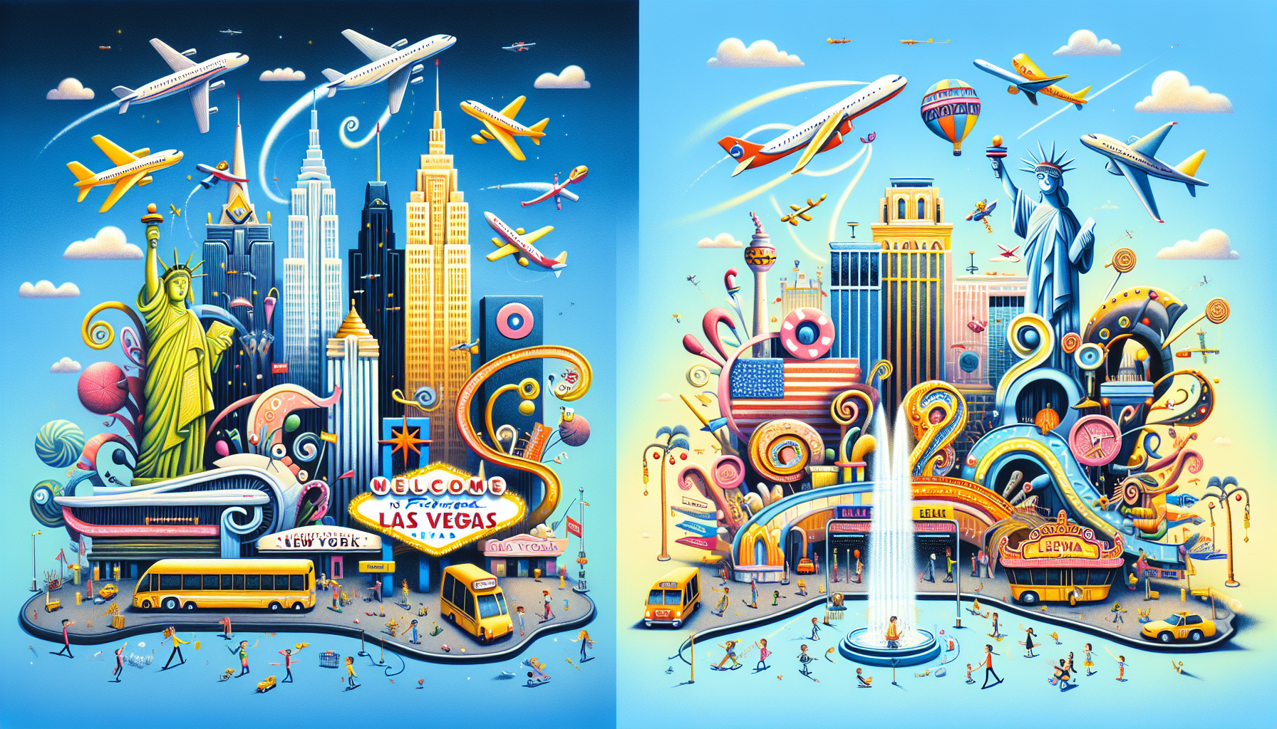 An illustration of popular airports in New York and Las Vegas, highlighting their key features.