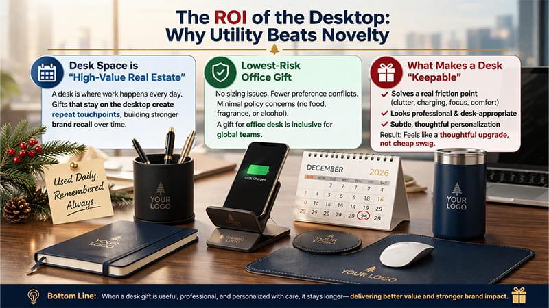 Desk gift ROI infographic with branded desk accessories, realistic office scene, desk-friendly