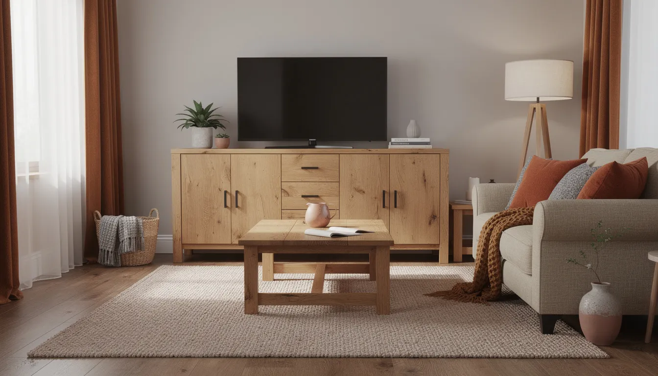 TV meubel robuust hout: stoere blikvanger voor jouw woonkamer De afbeelding toont een gezellige woonkamer met een robuust houten tv-meubel en een bijpassende salontafel, beide met een natuurlijke uitstraling. Warme textiele accenten zorgen voor een harmonieuze sfeer in het interieur.