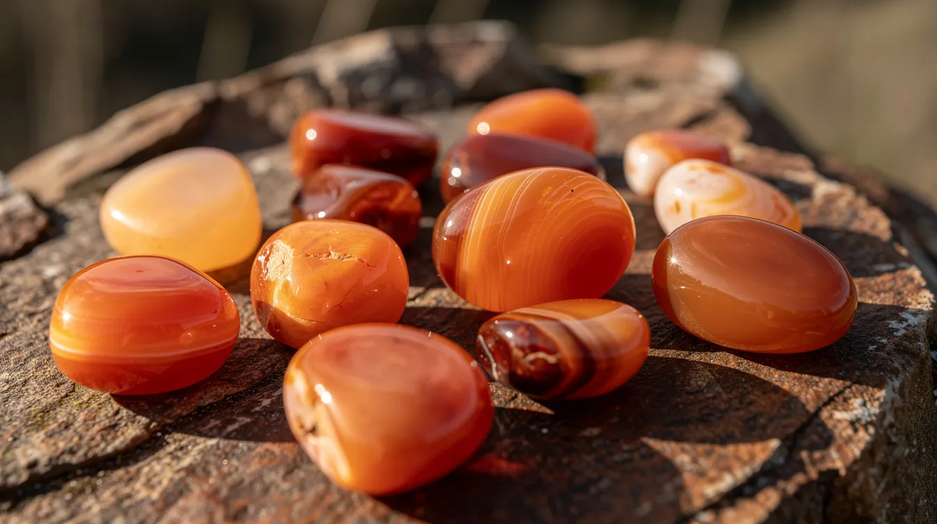 A collection of polished carnelian stones showcases a vibrant array of orange and red shades, elegantly arranged on a natural rock surface. These precious stones, featuring white bands and layers, evoke a sense of antiquity and are often associated with courage and luck in various cultures.