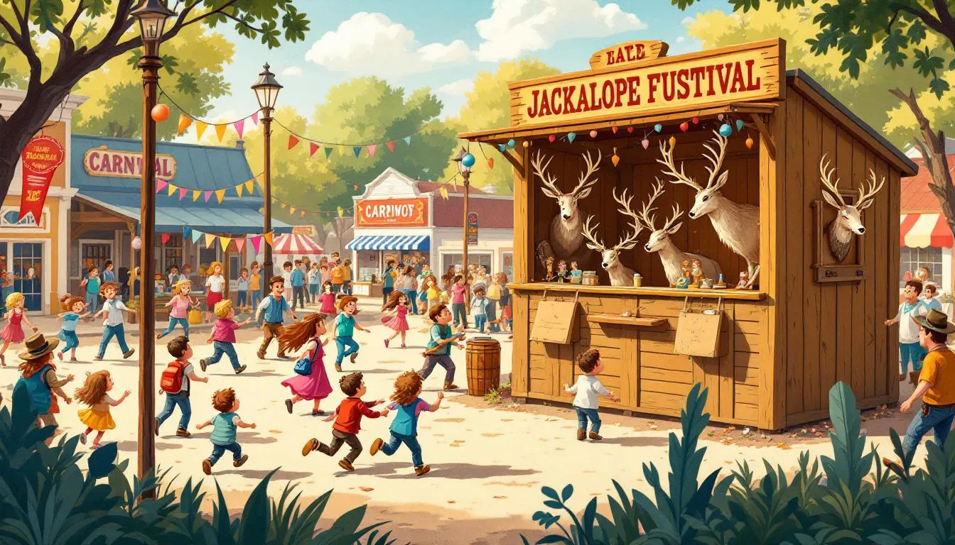 A festive scene from a jackalope hunting festival, showcasing decorations and activities.