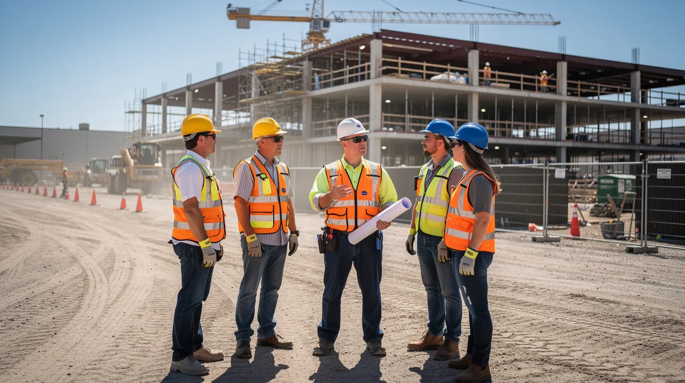 A construction superintendent speaks with a small group of workers on an active commercial jobsite while the crew wears hard hats and safety vests.