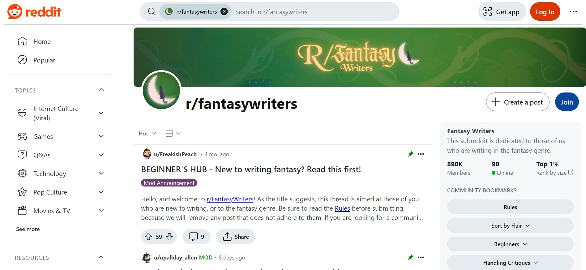 fantasy writers reddit sub screenshot 