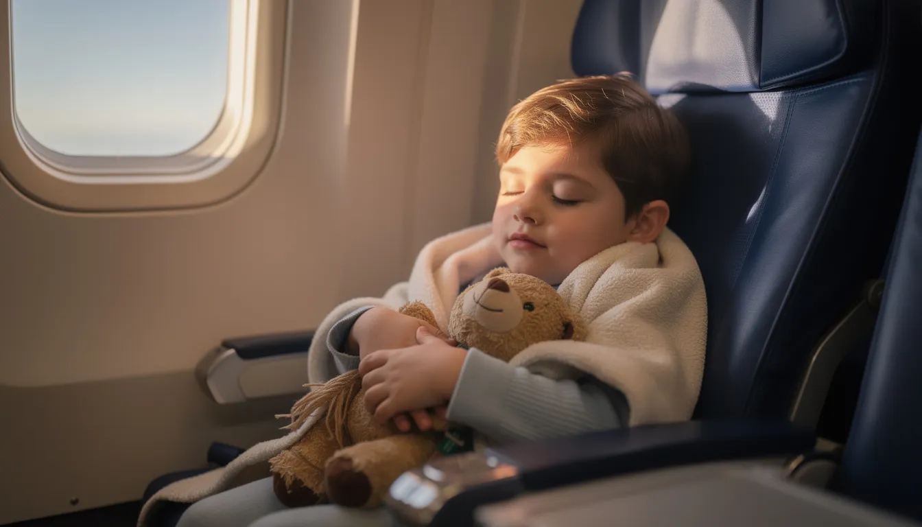 A young child is peacefully sleeping in an airplane seat, nestled under a small blanket with a stuffed toy beside them. The airplane's interior is visible, showcasing the economy seat and tray table, creating a cozy environment for the toddler's rest during the flight.