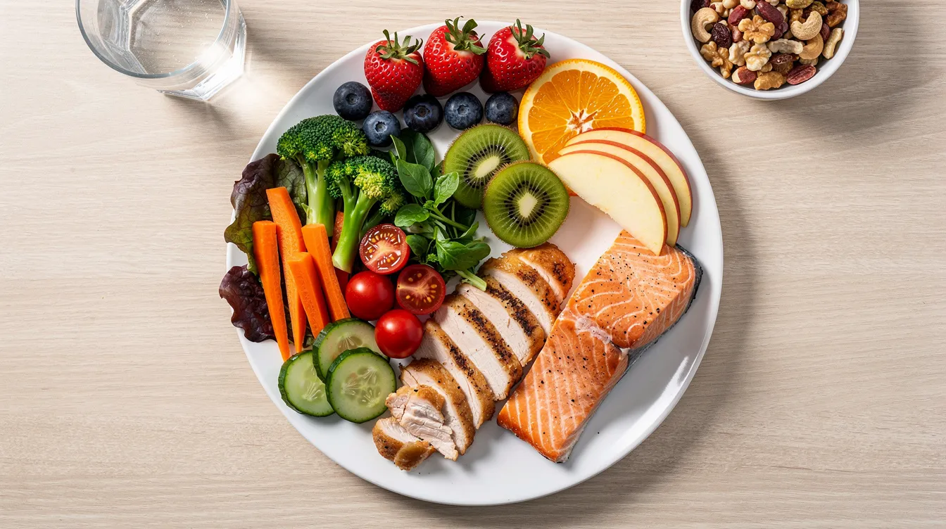 Un plato saludable que incluye proteínas, verduras frescas y frutas, ideal para la recuperación después de una abdominoplastia. Este tipo de dieta es recomendable para apoyar el proceso de cicatrización y mejorar el contorno del cuerpo en los días posteriores a la cirugía.