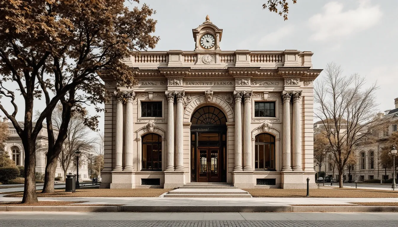 A traditional bank building stands tall with a classic architectural design, featuring large columns and a grand entrance. This structure symbolizes financial stability and is often associated with managing business bank accounts and addressing tax obligations, such as unpaid taxes or tax debt.