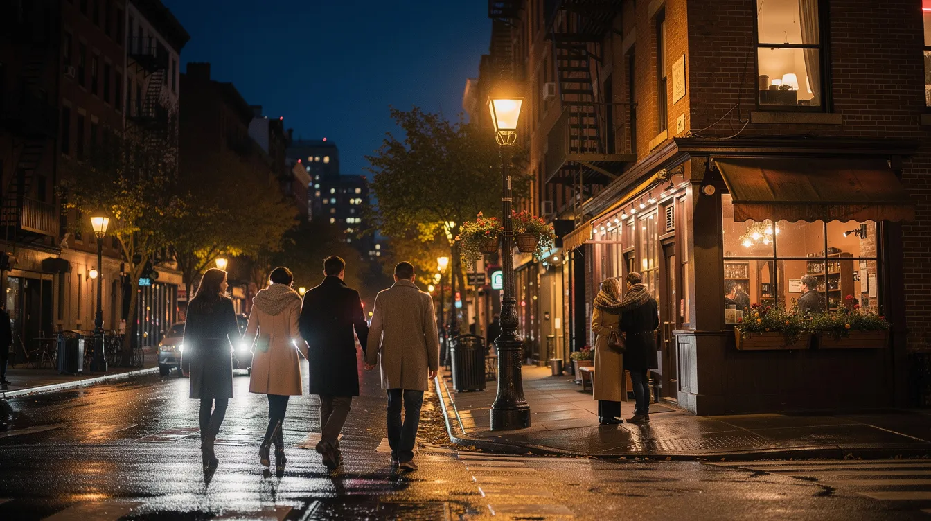 A romantic West Village street corner at night features couples strolling past historic buildings, with warm lights illuminating the scene and a cozy atmosphere filled with laughter and conversation. The charming sidewalks are lined with small tables outside cocktail bars, inviting New Yorkers to enjoy classic cocktails and signature drinks in this vibrant neighborhood.