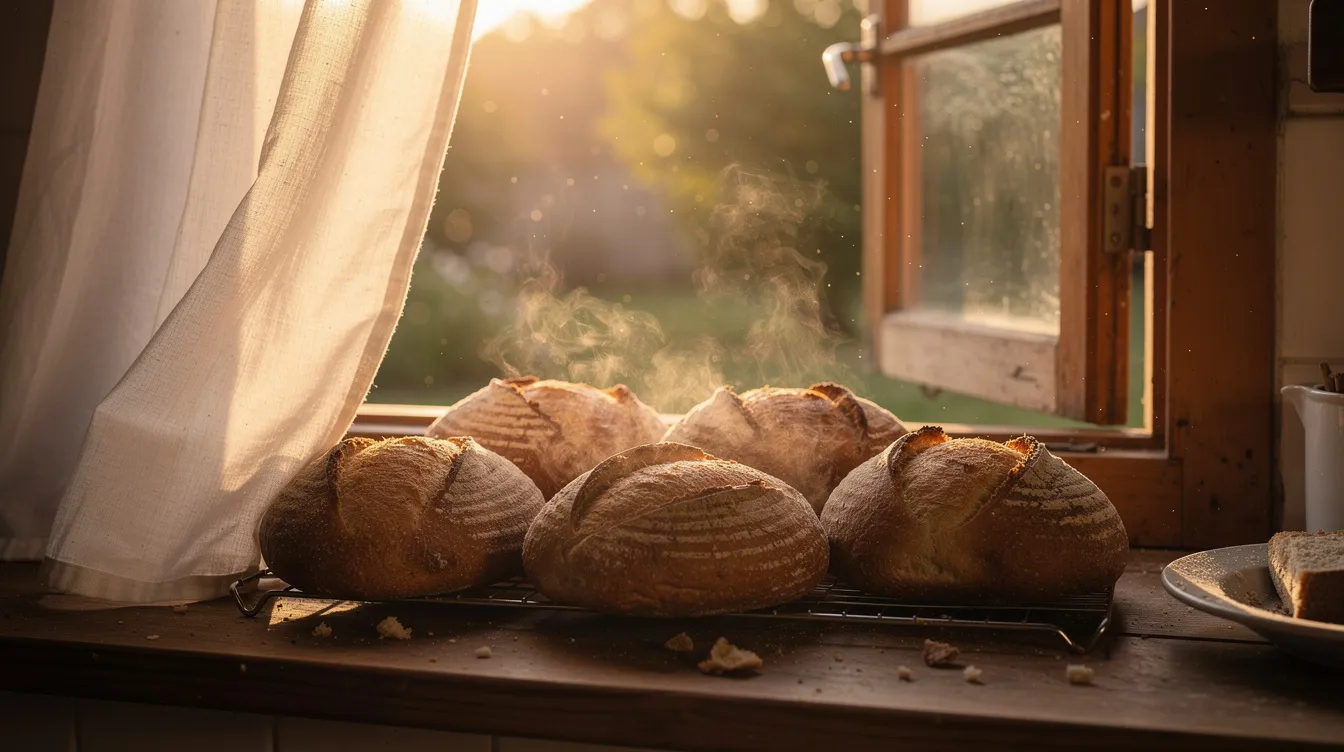 The image depicts warm loaves of bread cooling on a kitchen windowsill, illuminated by the soft morning light, symbolizing the significance of bread in the Bible as both physical sustenance and spiritual food, akin to the "bread of life" that Jesus spoke of. This serene scene evokes a sense of comfort and nourishment, reflecting the deeper significance of breaking bread and sharing it with others.