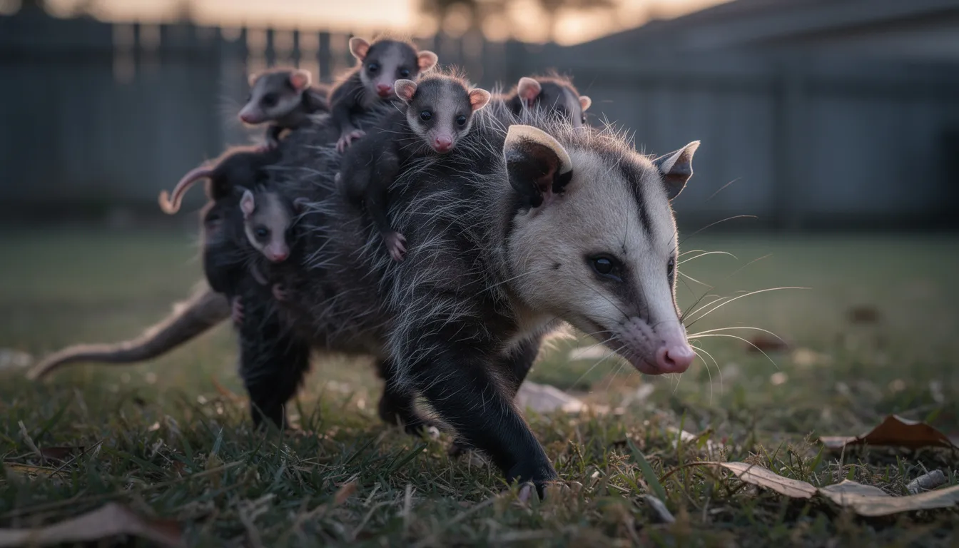 A mother Virginia opossum walks gracefully with several young opossums riding on her back, showcasing the nurturing nature of female opossums as they carry their young. The scene captures the essence of these nocturnal marsupials, often seen in urban and suburban areas.