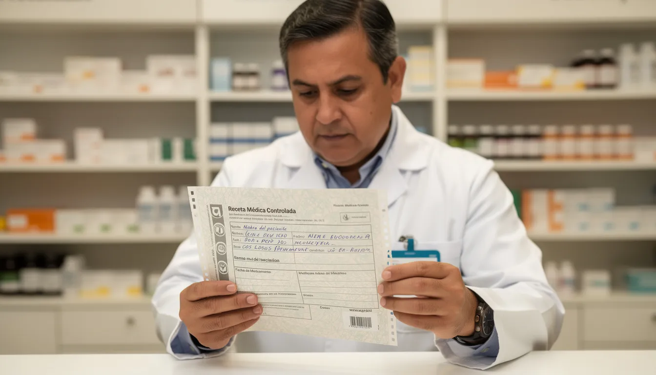Un farmacéutico está revisando una receta médica controlada utilizando un talonario especial. En la imagen se observa al profesional de la salud concentrado en el documento, asegurándose de que cumple con los requisitos necesarios para la dispensación de medicamentos.