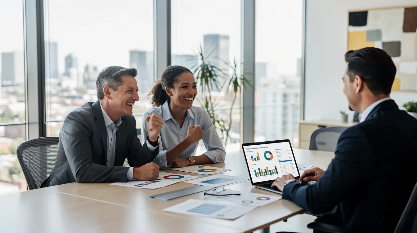 The image depicts a small business ownership team engaged in a meeting with a financial advisor in a modern office, reflecting a successful discussion about securing business funding. The atmosphere conveys a sense of collaboration and optimism regarding future operations and financial growth, such as securing commercial mortgages or arranging the sale of business assets.