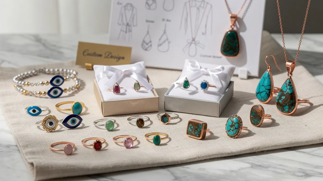 The image features an elegant display of birthstone jewellery sets, including sterling silver necklace style pendants and earring style studs adorned with clear cubic zirconia stones. The collection emphasizes personalized charm and meaning, showcasing unique designs inspired by the sea, perfect for gifting on special occasions.