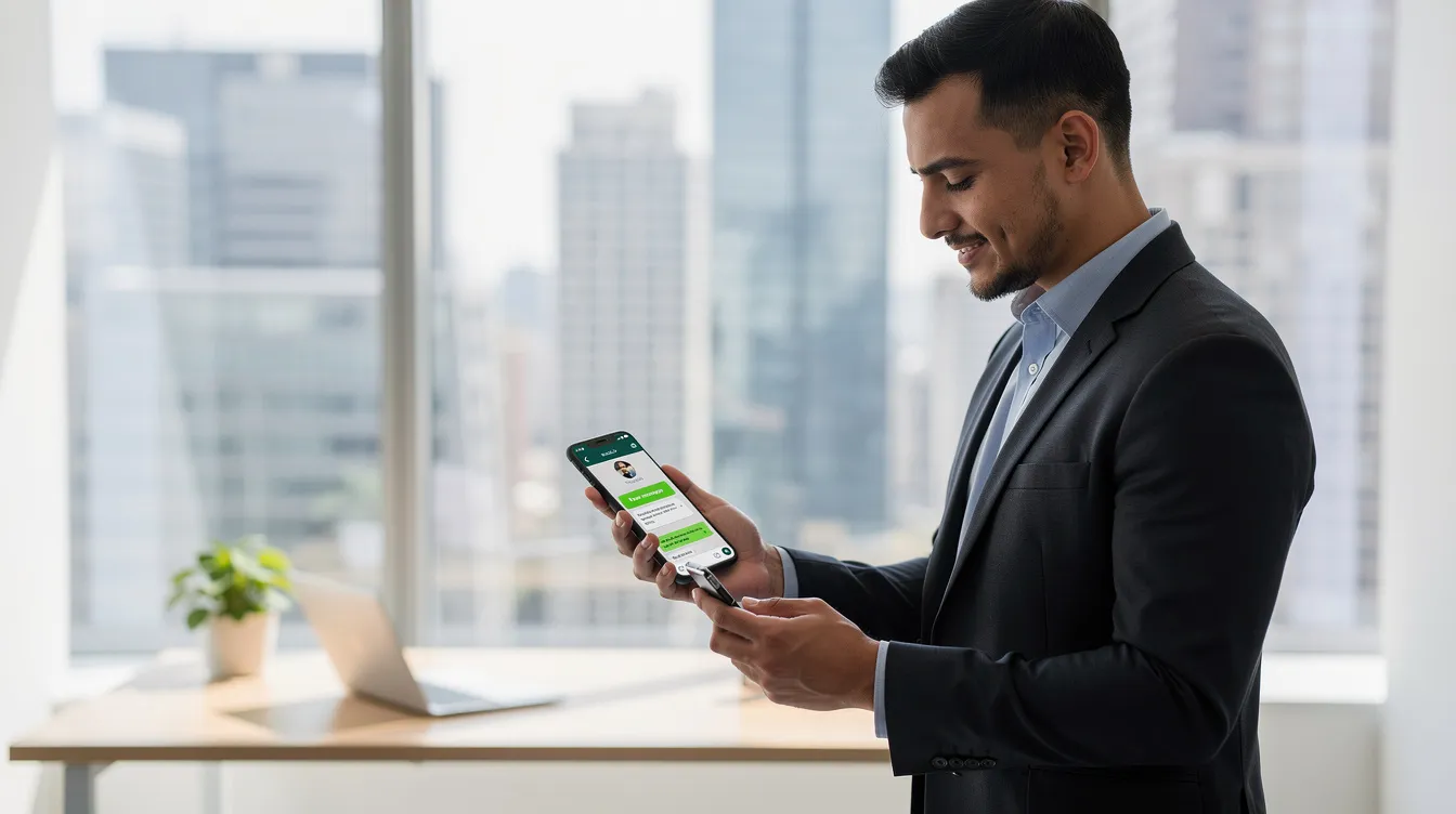 Un profesional de negocios revisa mensajes de WhatsApp en su smartphone mientras se encuentra en una oficina moderna, utilizando la aplicación para gestionar la comunicación con clientes y prospectos. La escena refleja el uso de tecnología y automatización en la gestión de interacciones comerciales.