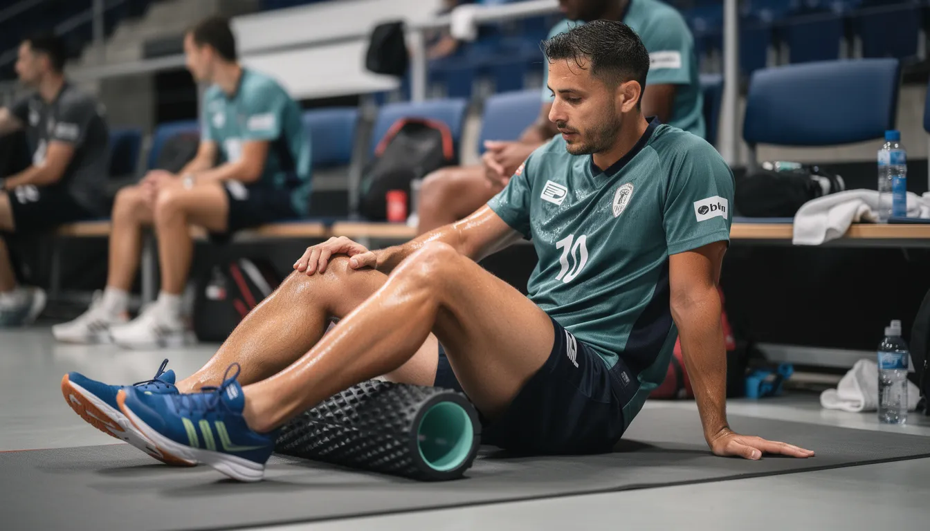 A tournament player is using a foam roller for muscle recovery between matches, surrounded by essential gear like a pickleball bag and water bottles. This thoughtful preparation helps them stay fresh and ready for their next game on the pickleball court.