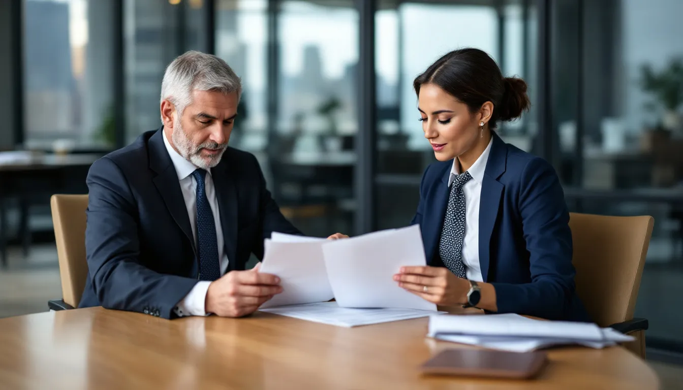 A business owner and a valuation expert are engaged in a professional meeting, reviewing documents related to independent valuations and financial reporting. They are discussing key aspects such as the company's position, fair market value, and the importance of smart business decisions for future transactions.
