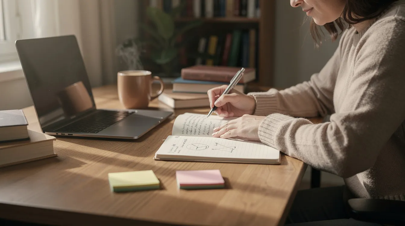 A person sits at a desk, writing thoughtfully in a journal, reflecting on their thoughts and emotions in a supportive environment. This scene captures the essence of personal growth and self-awareness often explored in therapy groups, such as cognitive behavioral group therapy or interpersonal process groups.